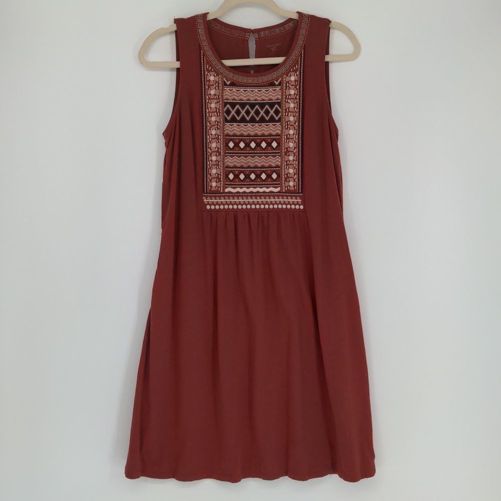 Garnet Hill Women's Boho Embroidered Knit Dress Size Large Camel Sleeveless